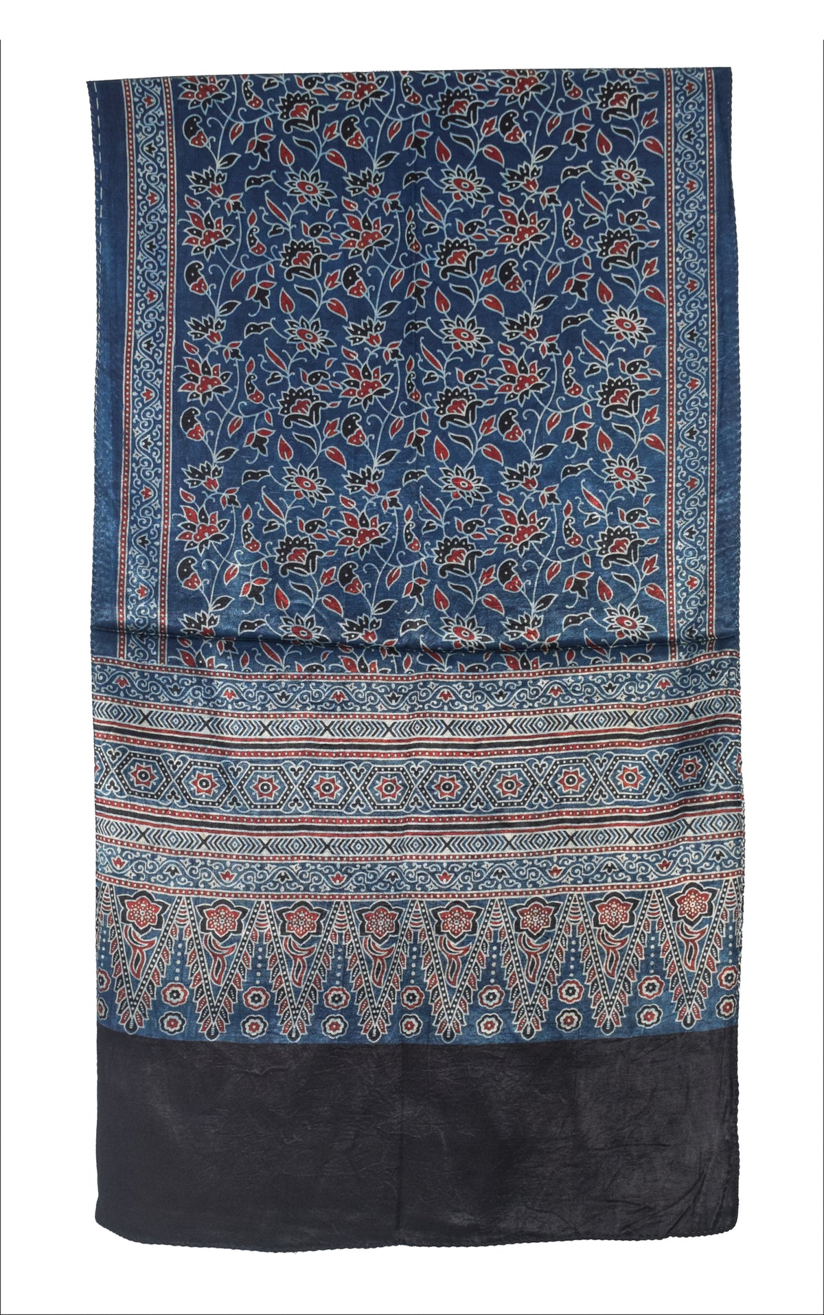 Ajrakh Mashru Silk Natural Dye Three Colour Print | 3 Kam | Screen Print Hand Printed Stole  - 2.1 Mtr Length   -  SKU : JH09A0AD