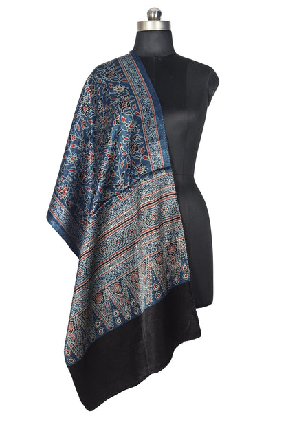 Ajrakh Mashru Silk Natural Dye Three Colour Print | 3 Kam | Screen Print Hand Printed Stole  - 2.1 Mtr Length   -  SKU : JH09A0AD