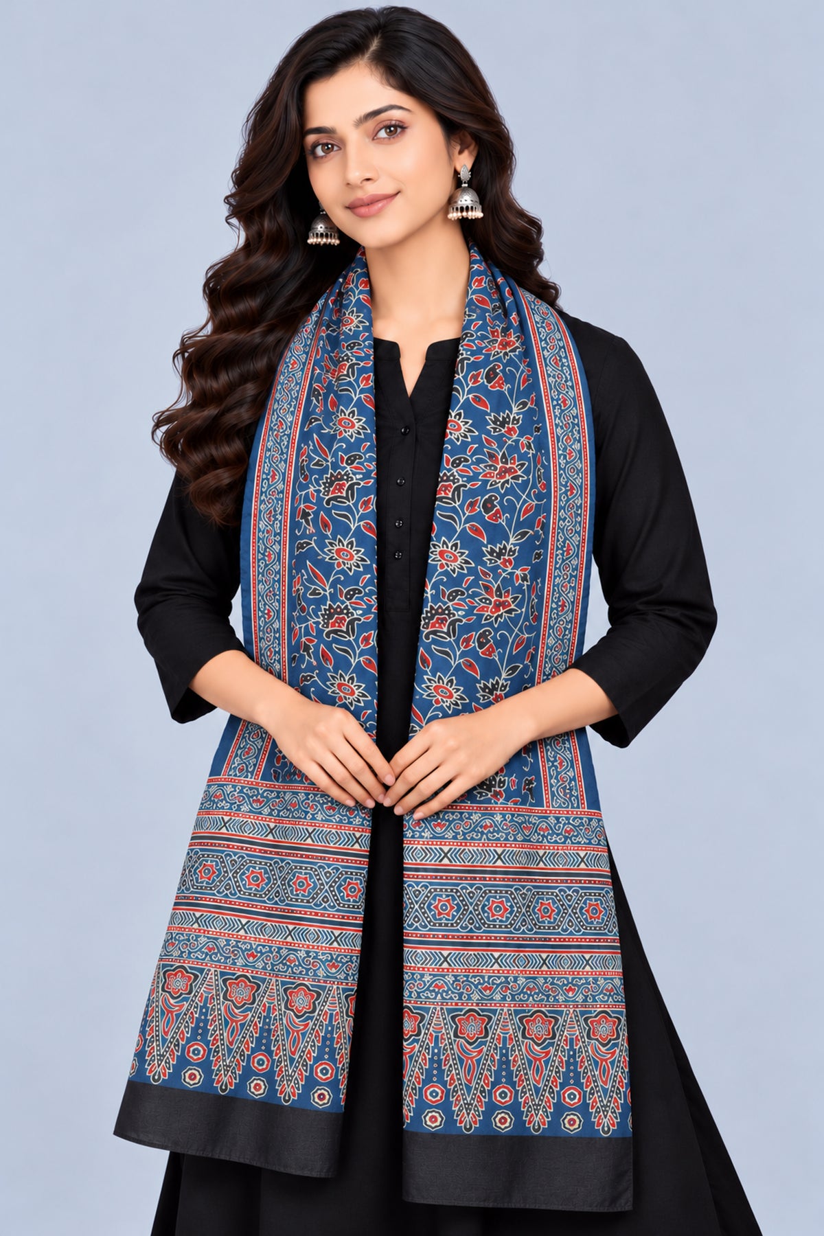 Ajrakh Mashru Silk Natural Dye Three Colour Print | 3 Kam | Screen Print Hand Printed Stole  - 2.1 Mtr Length   -  SKU : JH09A0AD