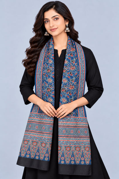 Ajrakh Mashru Silk Natural Dye Three Colour Print | 3 Kam | Screen Print Hand Printed Stole  - 2.1 Mtr Length   -  SKU : JH09A0AD