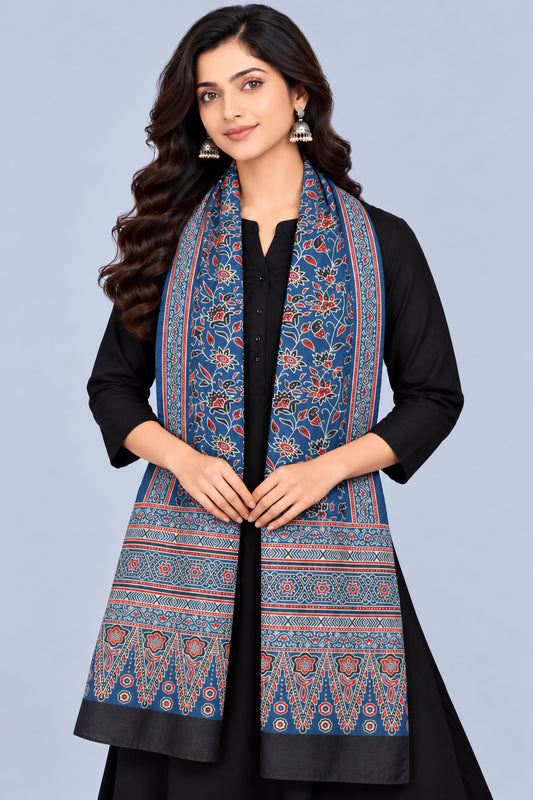 Ajrakh Mashru Silk Natural Dye Three Colour Print | 3 Kam | Screen Print Hand Printed Stole  - 2.1 Mtr Length   -  SKU : JH09A0AD