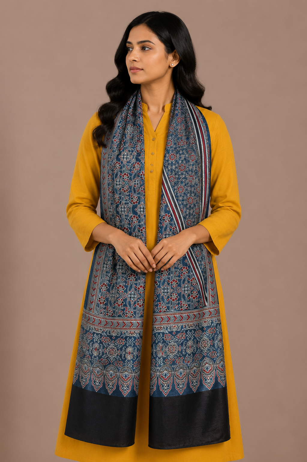 Ajrakh Mashru Silk Natural Dye Screen Print Hand Printed Stole  - 2.1 Mtr Length    -  SKU : JH25601P