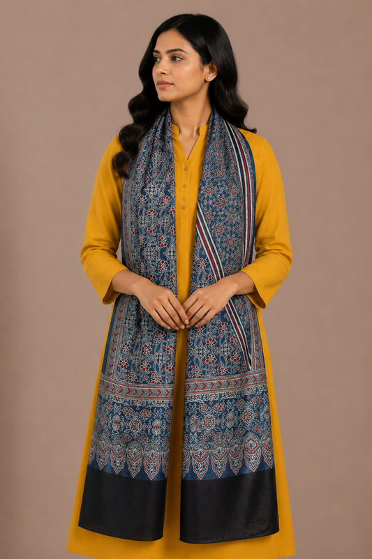 Ajrakh Mashru Silk Natural Dye Screen Print Hand Printed Stole  - 2.1 Mtr Length    -  SKU : JH25601P
