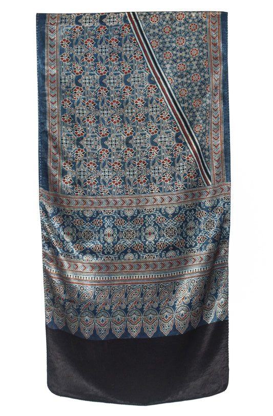 Ajrakh Mashru Silk Natural Dye Screen Print Hand Printed Stole  - 2.1 Mtr Length    -  SKU : JH25601P