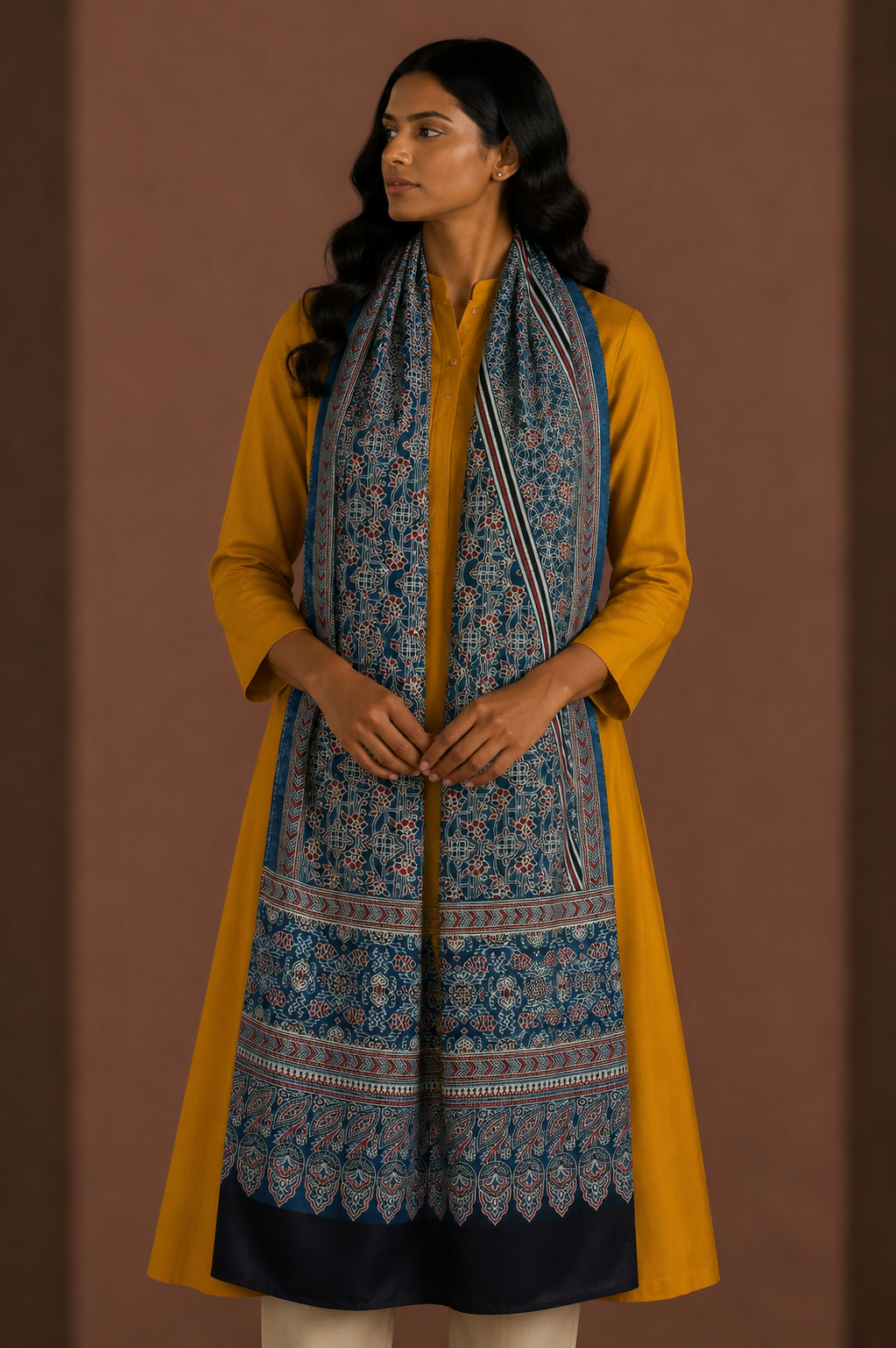 Ajrakh Mashru Silk Natural Dye Screen Print Hand Printed Stole  - 2.1 Mtr Length    -  SKU : JH25601P