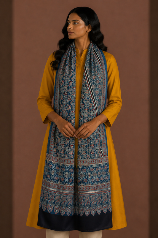 Ajrakh Mashru Silk Natural Dye Screen Print Hand Printed Stole  - 2.1 Mtr Length    -  SKU : JH25601P