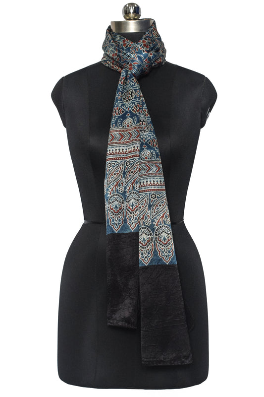 Ajrakh Mashru Silk Natural Dye Screen Print Hand Printed Stole  - 2.1 Mtr Length    -  SKU : JH25601P