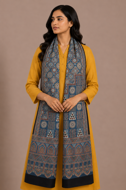 Ajrakh Mashru Silk Natural Dye Screen Print Hand Printed Stole  - 2.1 Mtr Length    -  SKU : JH25601R