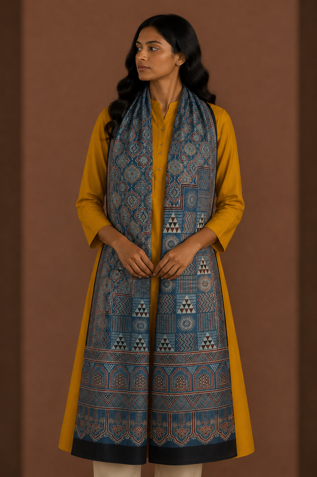 Ajrakh Mashru Silk Natural Dye Screen Print Hand Printed Stole  - 2.1 Mtr Length    -  SKU : JH25601R