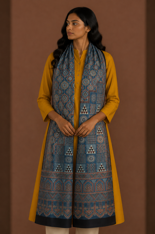 Ajrakh Mashru Silk Natural Dye Screen Print Hand Printed Stole  - 2.1 Mtr Length    -  SKU : JH25601R