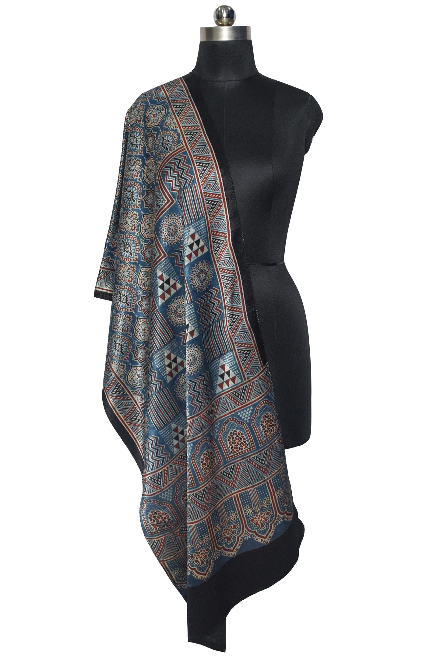 Ajrakh Mashru Silk Natural Dye Screen Print Hand Printed Stole  - 2.1 Mtr Length    -  SKU : JH25601R