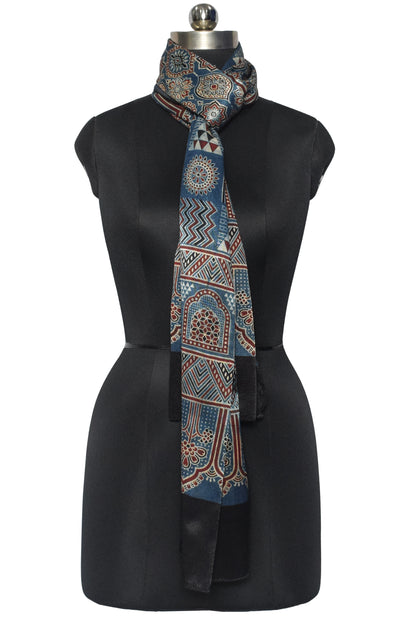 Ajrakh Mashru Silk Natural Dye Screen Print Hand Printed Stole  - 2.1 Mtr Length    -  SKU : JH25601R