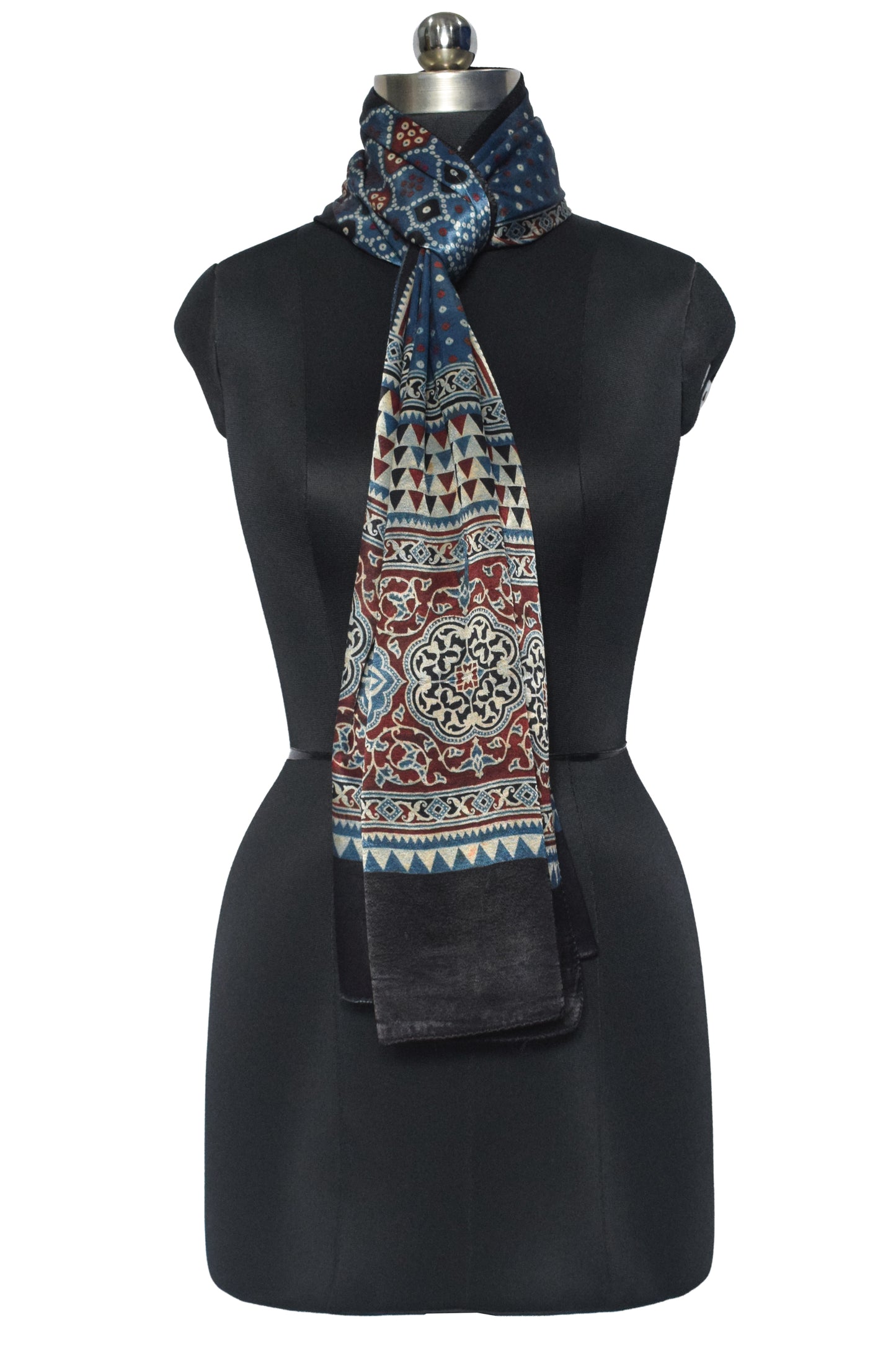 Ajrakh Mashru Silk Natural Dye Screen Print Hand Printed Stole  - 2.1 Mtr Length    -  SKU : JH25601W