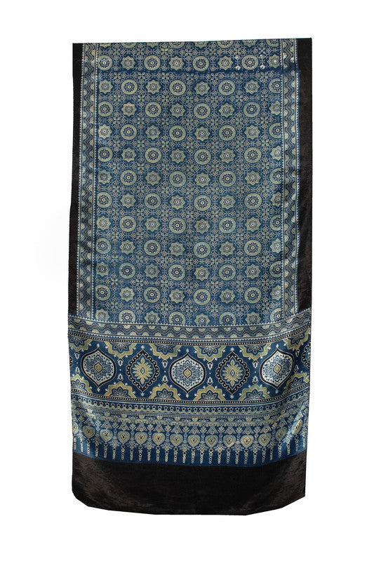 Ajrakh Mashru Silk Natural Dye Screen Print Hand Printed Stole With Tassels     -  SKU : ID06702C