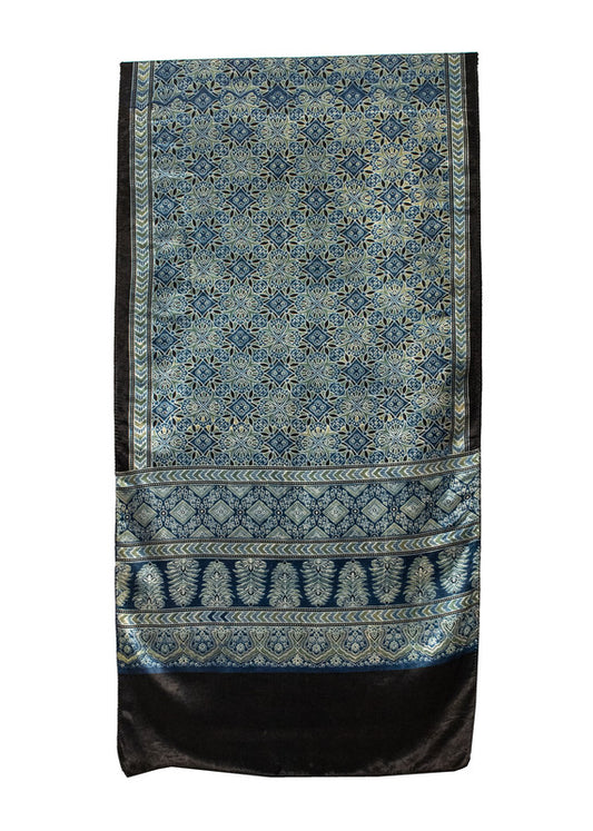 Ajrakh Mashru Silk Natural Dye Screen Print Hand Printed Stole With Tassels     -  SKU : ID22701A