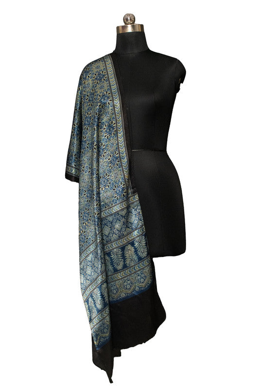 Ajrakh Mashru Silk Natural Dye Screen Print Hand Printed Stole With Tassels     -  SKU : ID22701A