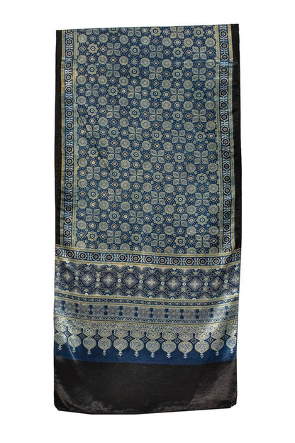 Ajrakh Mashru Silk Natural Dye Screen Print Hand Printed Stole With Tassels     -  SKU : ID22701H