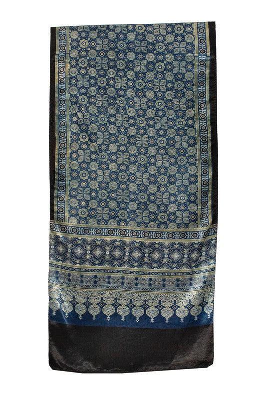 Ajrakh Mashru Silk Natural Dye Screen Print Hand Printed Stole With Tassels     -  SKU : ID22701H