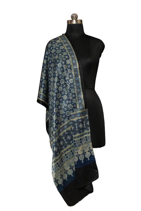 Ajrakh Mashru Silk Natural Dye Screen Print Hand Printed Stole With Tassels     -  SKU : ID22701H