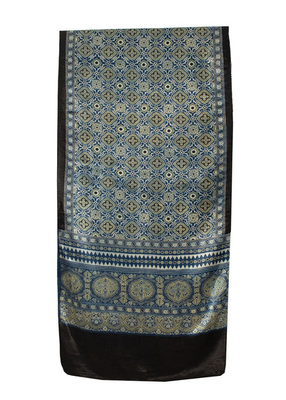 Ajrakh Mashru Silk Natural Dye Screen Print Hand Printed Stole With Tassels     -  SKU : ID22701K