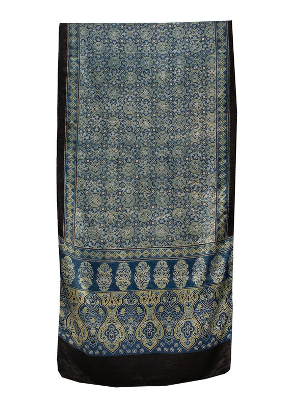 Ajrakh Mashru Silk Natural Dye Screen Print Hand Printed Stole With Tassels     -  SKU : ID22701Q