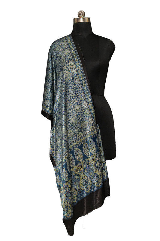 Ajrakh Mashru Silk Natural Dye Screen Print Hand Printed Stole With Tassels     -  SKU : ID22701Q