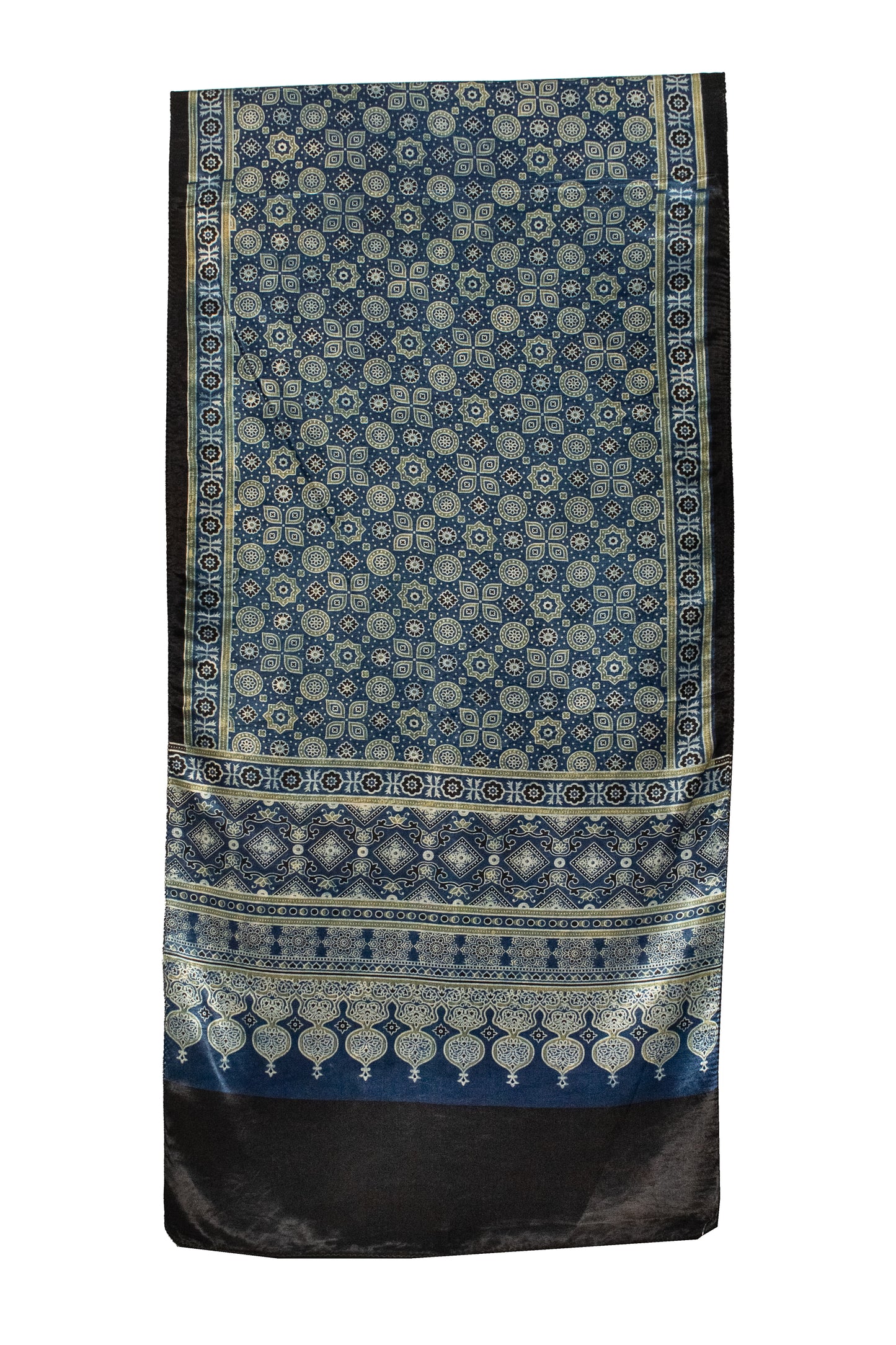 Ajrakh Mashru Silk Natural Dye Screen Print Hand Printed Stole  - 2.1 Mtr Length    -  SKU : ID22701H