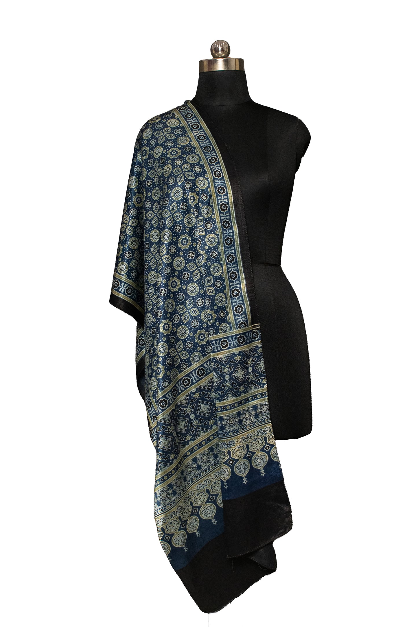 Ajrakh Mashru Silk Natural Dye Screen Print Hand Printed Stole  - 2.1 Mtr Length    -  SKU : ID22701H