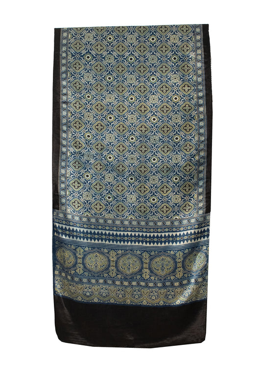 Ajrakh Mashru Silk Natural Dye Screen Print Hand Printed Stole  - 2.1 Mtr Length    -  SKU : ID22701K