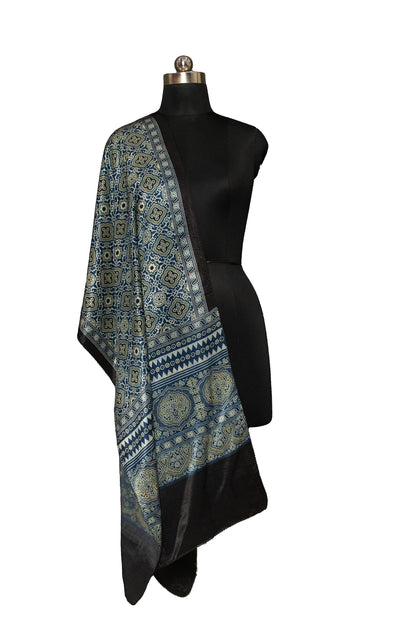 Ajrakh Mashru Silk Natural Dye Screen Print Hand Printed Stole  - 2.1 Mtr Length    -  SKU : ID22701K