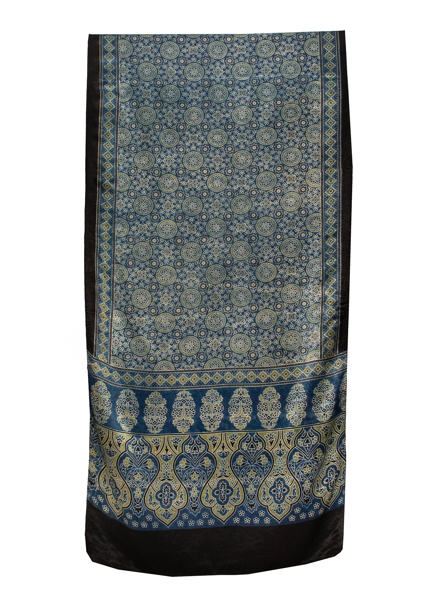 Ajrakh Mashru Silk Natural Dye Screen Print Hand Printed Stole  - 2.1 Mtr Length    -  SKU : ID22701Q