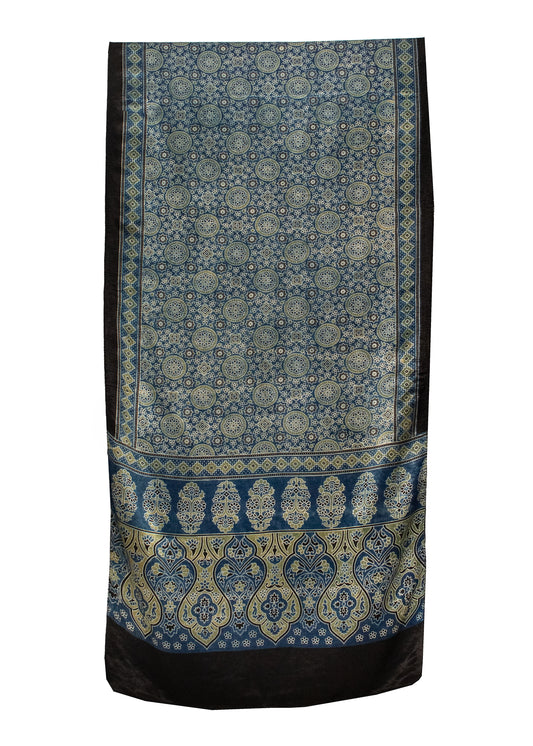 Ajrakh Mashru Silk Natural Dye Screen Print Hand Printed Stole  - 2.1 Mtr Length    -  SKU : ID22701Q