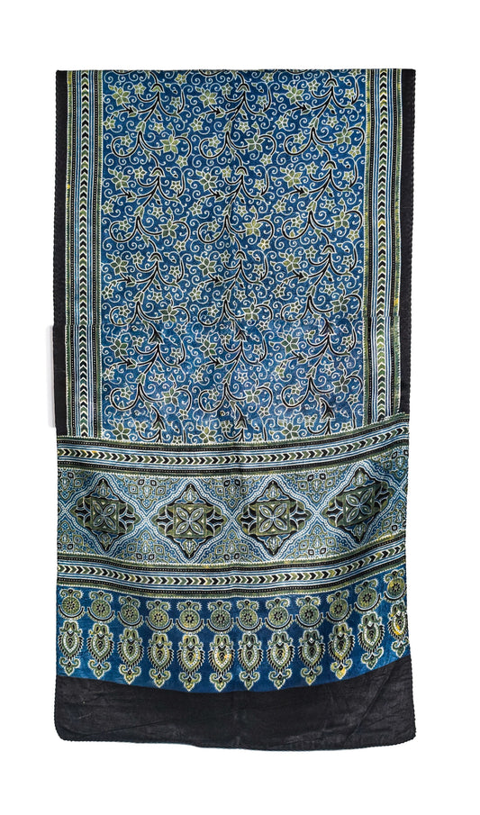 Ajrakh Mashru Silk Natural Dye Three Colour Print ( 3 Kam ) Screen Print Hand Printed Stole  - 2.1 Mtr Length    -  SKU : JH02C01E