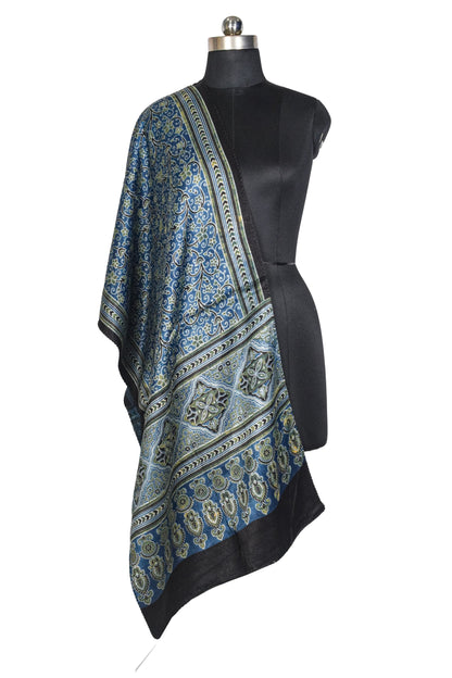 Ajrakh Mashru Silk Natural Dye Three Colour Print ( 3 Kam ) Screen Print Hand Printed Stole  - 2.1 Mtr Length    -  SKU : JH02C01E
