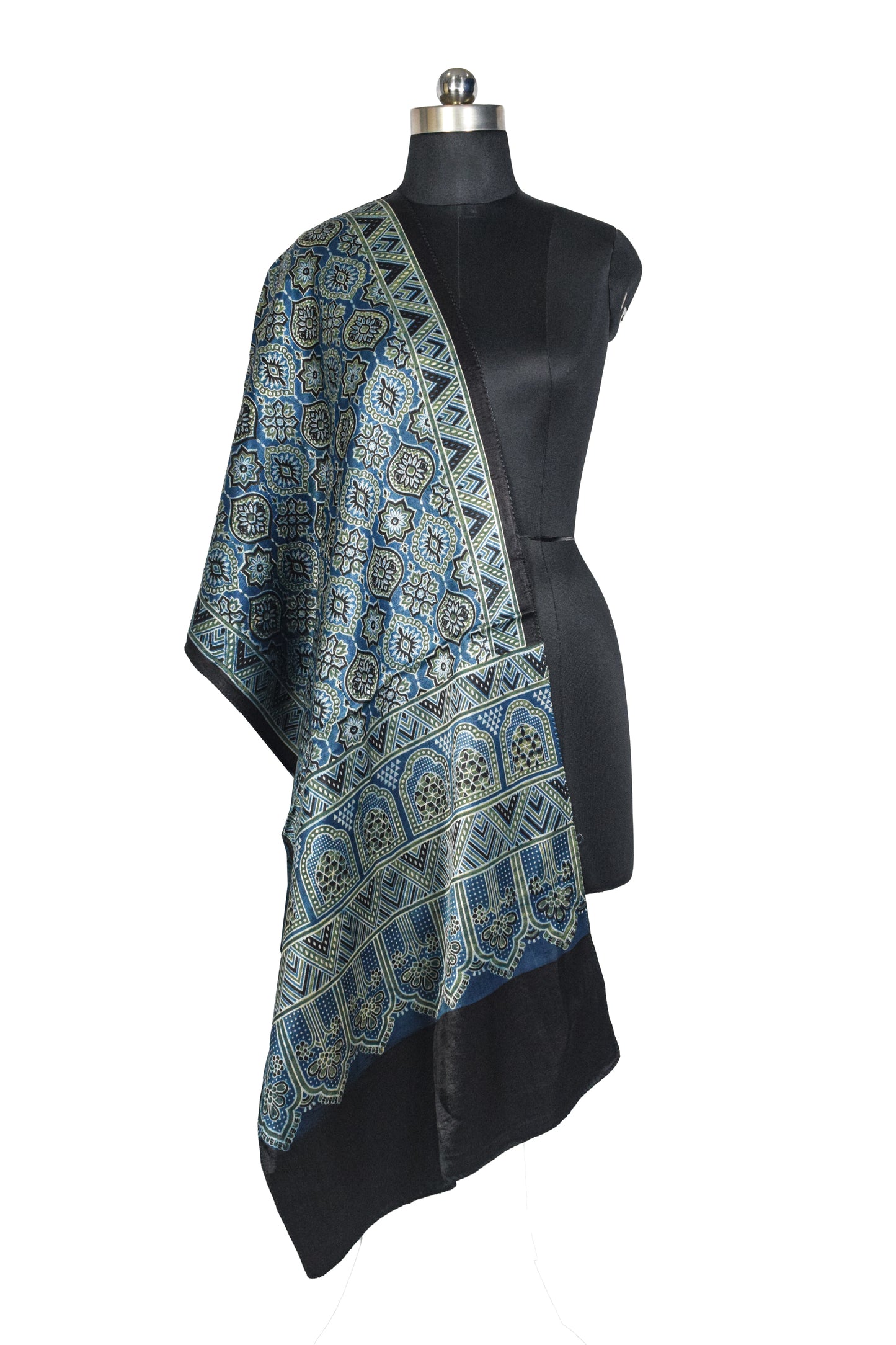 Ajrakh Mashru Silk Natural Dye Three Colour Print ( 3 Kam ) Screen Print Hand Printed Stole  - 2.1 Mtr Length    -  SKU : JH02C01G