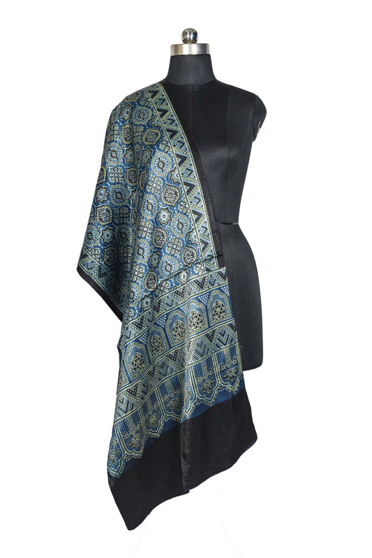 Ajrakh Mashru Silk Natural Dye Three Colour Print ( 3 Kam ) Screen Print Hand Printed Stole  - 2.1 Mtr Length    -  SKU : JH02C01G