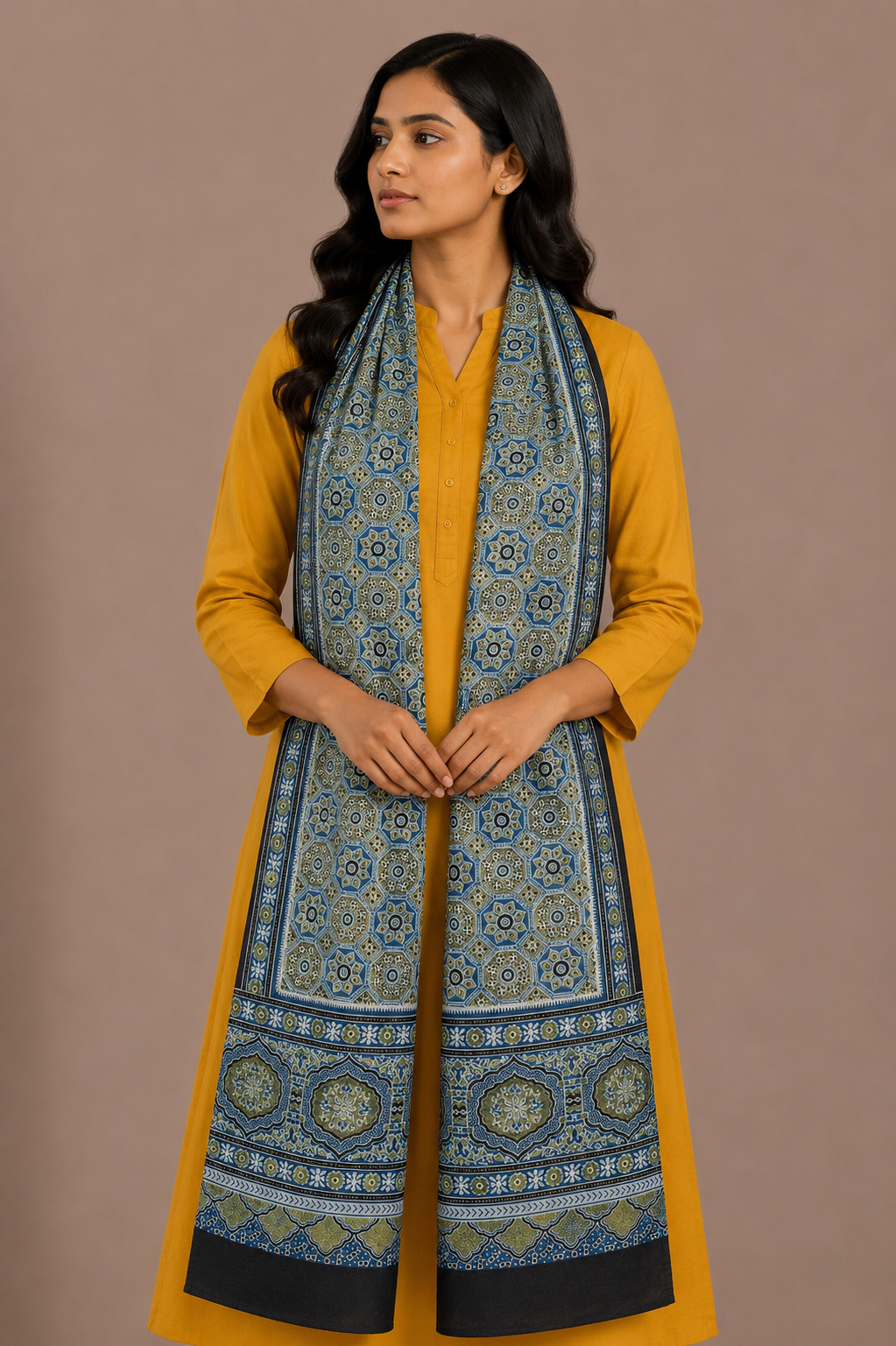 Ajrakh Mashru Silk Natural Dye Three Colour Print ( 3 Kam ) Screen Print Hand Printed Stole  - 2.1 Mtr Length    -  SKU : JH02C01K