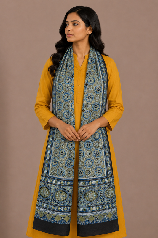 Ajrakh Mashru Silk Natural Dye Three Colour Print ( 3 Kam ) Screen Print Hand Printed Stole  - 2.1 Mtr Length    -  SKU : JH02C01K