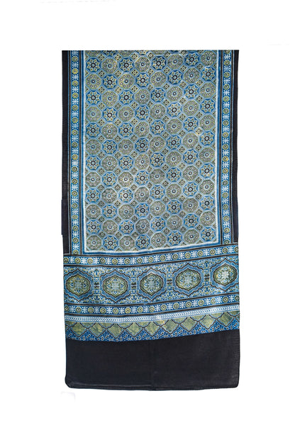 Ajrakh Mashru Silk Natural Dye Three Colour Print ( 3 Kam ) Screen Print Hand Printed Stole  - 2.1 Mtr Length    -  SKU : JH02C01K