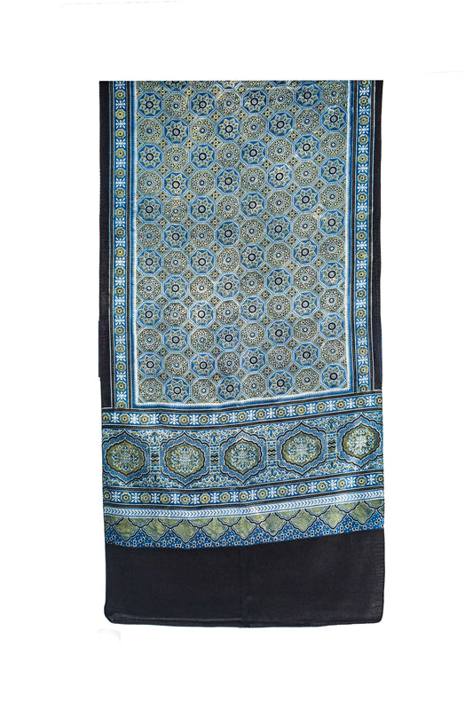Ajrakh Mashru Silk Natural Dye Three Colour Print ( 3 Kam ) Screen Print Hand Printed Stole  - 2.1 Mtr Length    -  SKU : JH02C01K