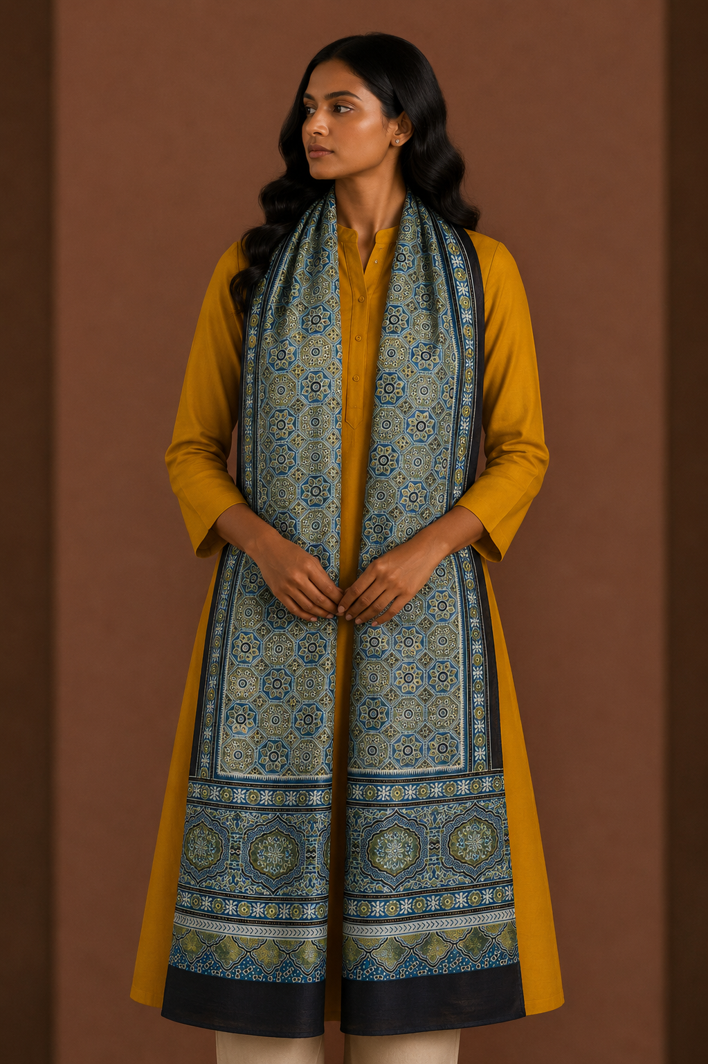 Ajrakh Mashru Silk Natural Dye Three Colour Print ( 3 Kam ) Screen Print Hand Printed Stole  - 2.1 Mtr Length    -  SKU : JH02C01K