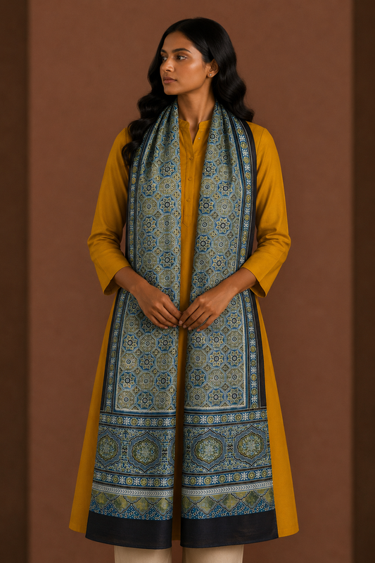 Ajrakh Mashru Silk Natural Dye Three Colour Print ( 3 Kam ) Screen Print Hand Printed Stole  - 2.1 Mtr Length    -  SKU : JH02C01K