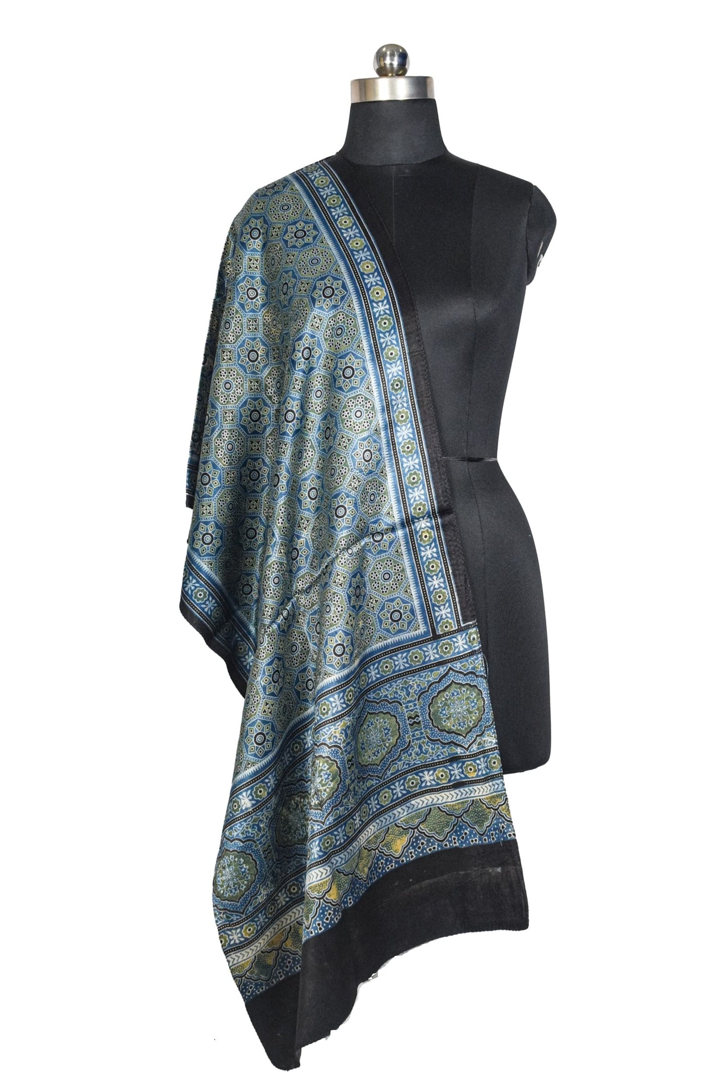 Ajrakh Mashru Silk Natural Dye Three Colour Print ( 3 Kam ) Screen Print Hand Printed Stole  - 2.1 Mtr Length    -  SKU : JH02C01K