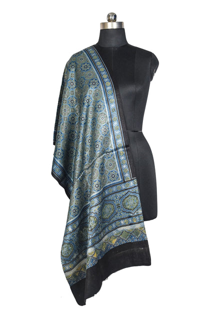 Ajrakh Mashru Silk Natural Dye Three Colour Print ( 3 Kam ) Screen Print Hand Printed Stole  - 2.1 Mtr Length    -  SKU : JH02C01K