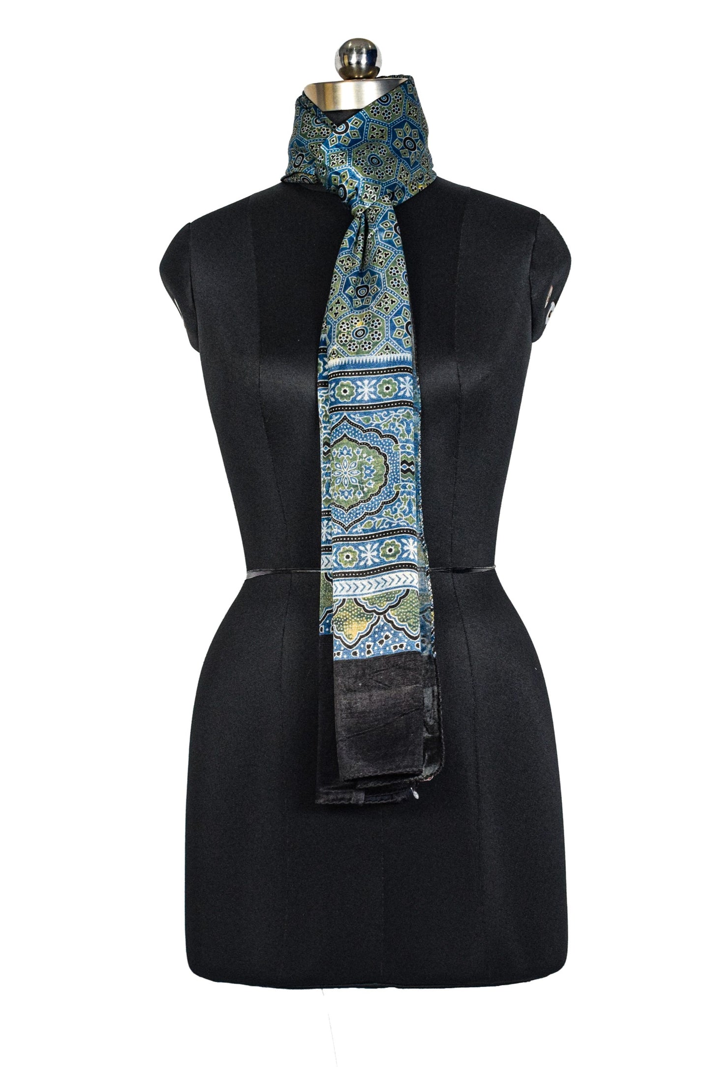 Ajrakh Mashru Silk Natural Dye Three Colour Print ( 3 Kam ) Screen Print Hand Printed Stole  - 2.1 Mtr Length    -  SKU : JH02C01K