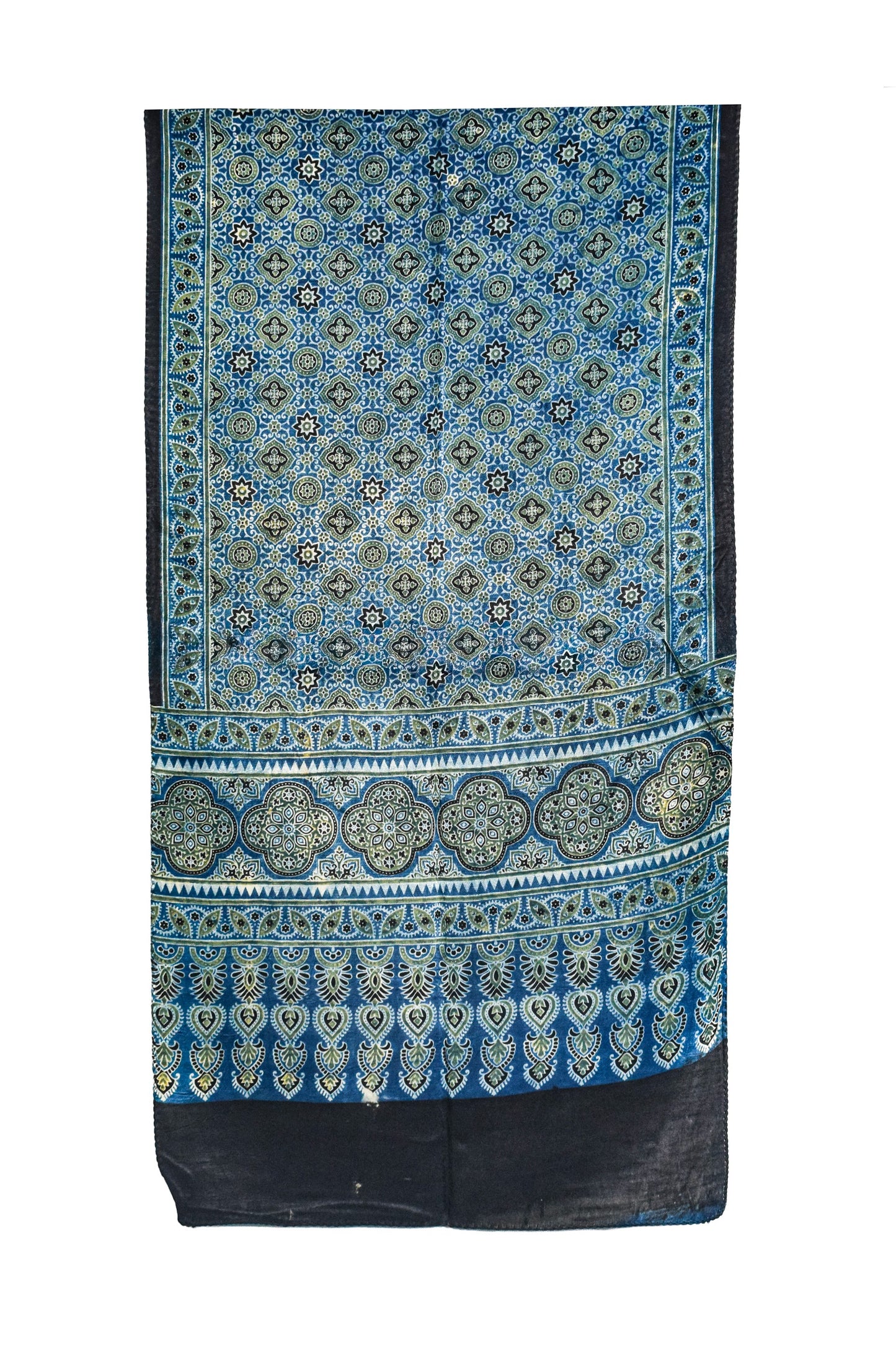 Ajrakh Mashru Silk Natural Dye Three Colour Print ( 3 Kam ) Screen Print Hand Printed Stole  - 2.1 Mtr Length    -  SKU : JH02C01V