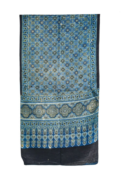 Ajrakh Mashru Silk Natural Dye Three Colour Print ( 3 Kam ) Screen Print Hand Printed Stole  - 2.1 Mtr Length    -  SKU : JH02C01V