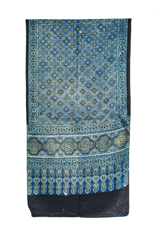 Ajrakh Mashru Silk Natural Dye Three Colour Print ( 3 Kam ) Screen Print Hand Printed Stole  - 2.1 Mtr Length    -  SKU : JH02C01V