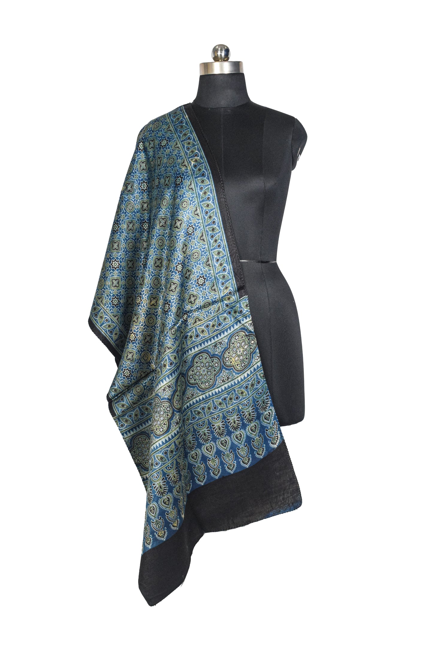 Ajrakh Mashru Silk Natural Dye Three Colour Print ( 3 Kam ) Screen Print Hand Printed Stole  - 2.1 Mtr Length    -  SKU : JH02C01V