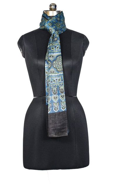 Ajrakh Mashru Silk Natural Dye Three Colour Print ( 3 Kam ) Screen Print Hand Printed Stole  - 2.1 Mtr Length    -  SKU : JH02C01V